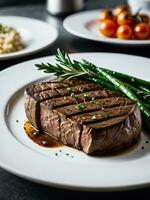 l'eau à la bouche en bonne santé steak dans une moderne cuisine par Emilie davis. ai généré. photo