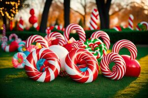 de fête bonbons canne pelouse décorations dans vibrant splendeur. ai généré. photo