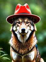 le énigmatique rouge Loup une chapeau portant faune merveille. ai généré. photo