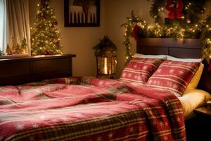 confortable Noël à thème couvre-lits création une chaud et attrayant atmosphère. ai généré. photo