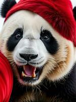 espiègle Panda dans une vibrant rouge tenue. ai généré. photo