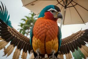 vibrant proche en haut de une coloré oiseau sur une ensemble. ai généré. photo