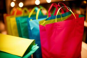 coloré et durable réutilisable de fête achats Sacs. ai généré. photo