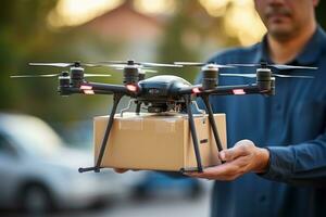 le drone est levage une paquet et navettes par Urbain quartiers pour livraison. génératif ai photo