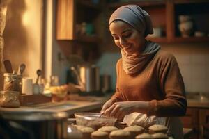 content musulman femme cuisson gâteau dans cuisine. génératif ai photo