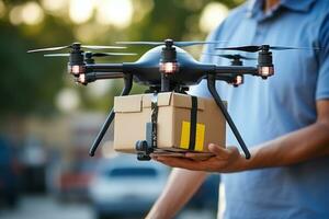 le drone est levage une paquet et navettes par Urbain quartiers pour livraison. génératif ai photo