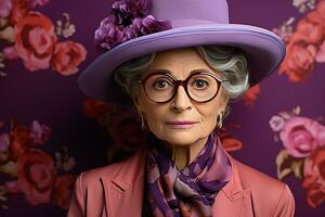 ai généré studio portrait de branché vieux personnes âgées femme sur différent Couleur Contexte dans des lunettes et écouteurs photo