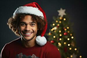 ai généré portrait de Beau souriant homme dans Père Noël claus portant photo