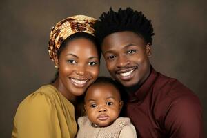 ai généré studio portrait de magnifique Parents avec bébé bébé en portant sur mains sur différent couleurs Contexte photo