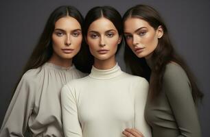 ai généré studio portrait de Trois peu magnifique Jeune femme permanent ensemble dans étreinte sur différent Couleur Contexte photo