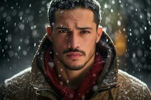 ai généré portrait de Beau souriant homme permanent en dessous de le neige photo