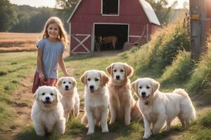 un enchanteur scène de des gamins et chiens jouant. ai génératif photo