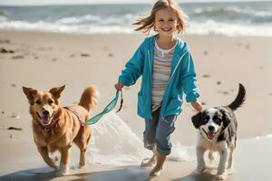 un enchanteur scène de des gamins et chiens jouant. ai génératif photo