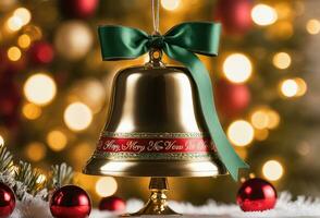 Noël fête avec décoré balle, cloche, et arbre. ai génératif photo