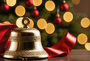 Noël fête avec décoré balle, cloche, et arbre. ai génératif photo