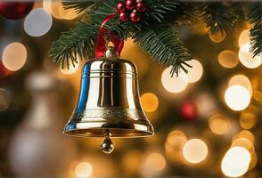 Noël fête avec décoré balle, cloche, et arbre. ai génératif photo