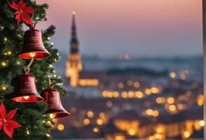 Noël fête avec décoré balle, cloche, et arbre. ai génératif photo