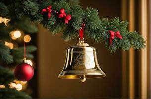 Noël fête avec décoré balle, cloche, et arbre. ai génératif photo