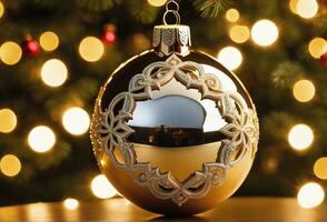 Noël fête avec décoré balle, cloche, et arbre. ai génératif photo