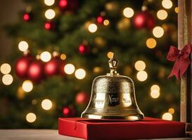 Noël fête avec décoré balle, cloche, et arbre. ai génératif photo