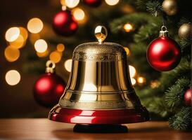 Noël fête avec décoré balle, cloche, et arbre. ai génératif photo