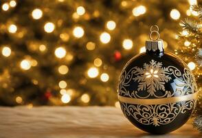 Noël fête avec décoré balle, cloche, et arbre. ai génératif photo