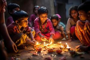 Indien diwali célébrer avec diya éclairage. famille, filles, des gamins tout content des moments. ai génératif photo