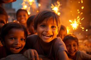 Indien diwali célébrer avec diya éclairage. famille, filles, des gamins tout content des moments. ai génératif photo