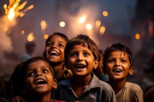 Indien diwali célébrer avec diya éclairage. famille, filles, des gamins tout content des moments. ai génératif photo