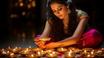 Indien diwali célébrer avec diya éclairage. famille, filles, des gamins tout content des moments. ai génératif photo