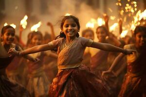 Indien diwali célébrer avec diya éclairage. famille, filles, des gamins tout content des moments. ai génératif photo