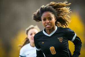 Espagnol femelle football joueur célébrer une la victoire. ai génératif photo