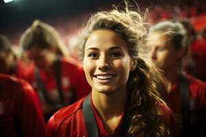 Espagnol femelle football joueur célébrer une la victoire. ai génératif photo