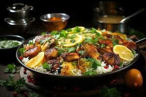explorant le les saveurs de authentique pakistanais cuisine. biryani, kofta, kebab, lassi, samoussa, Jalebi. ai génératif photo