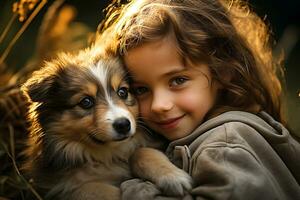 chiot chien et enfants. réconfortant liaison et joyeux des moments. ai génératif photo