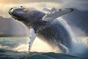 à bosse baleine ludique nager dans clair bleu océan. ai génératif photo