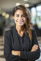 une content réussi Jeune femme d'affaires, femelle carrière concept. moderne Bureau ouvrier. ai génératif photo