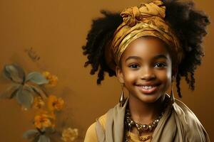 ai généré studio portrait de mignonne peu frisé africain fille sur différent couleurs Contexte photo
