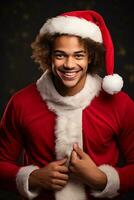 ai généré portrait de Beau souriant homme dans Père Noël claus portant photo