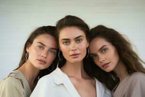 ai généré studio portrait de Trois peu magnifique Jeune femme permanent ensemble dans étreinte sur différent Couleur Contexte photo