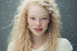 ai généré portrait de magnifique souriant Jeune albinos femme permanent en dessous de neige photo