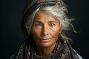 ai généré studio portrait de branché vieux personnes âgées femme sur différent Couleur Contexte dans des lunettes et écouteurs photo