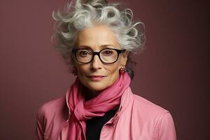 ai généré studio portrait de branché vieux personnes âgées femme sur différent Couleur Contexte dans des lunettes et écouteurs photo