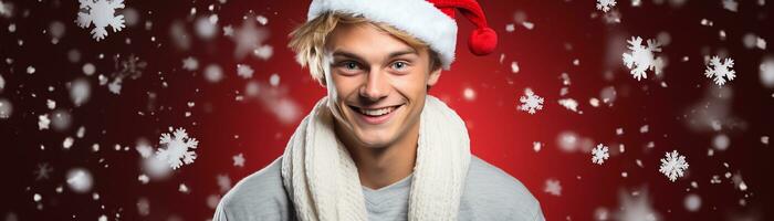 ai généré portrait de Beau souriant homme dans Père Noël claus portant photo