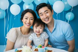 ai généré studio portrait de magnifique Parents avec bébé bébé en portant sur mains sur différent couleurs Contexte photo