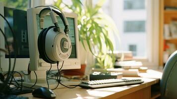 dessus de la table l'audio excellence casque sur une nettoyer ordinateur table photo