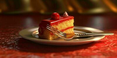 une délicieux tranche de rouge gâteau sur une d'or plaque. génératif ai photo