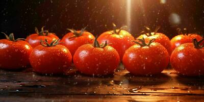 Frais rouge tomates avec l'eau gouttelettes sur en bois tableau. génératif ai photo