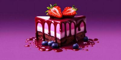 une pièce de Chocolat gâteau avec fondu Chocolat et des fraises sur violet Contexte. génératif ai photo