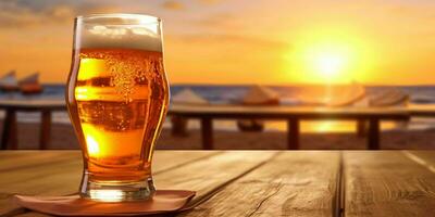 Frais Bière sur une en bois table avec plage voir. génératif ai photo